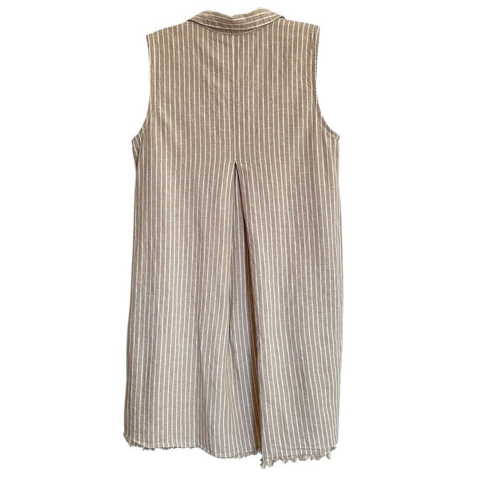 Beach Lunch Lounge Shirt Dress Medium Taupe Stripe Linen Blend Sleeveles… - Picture 2 of 7